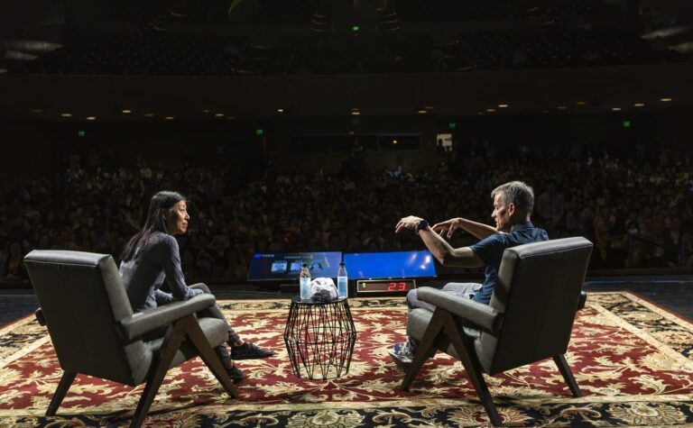 The Jeff Dean keynote fireside chat before a full house at Stanford Memorial Auditorium