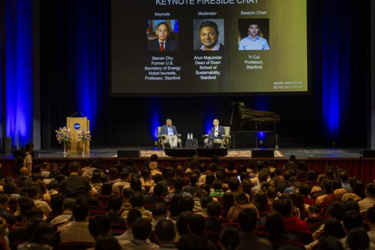 Wide view of the keynote fireside chat with Steven Chu at the 2026 Pioneer Symposium
