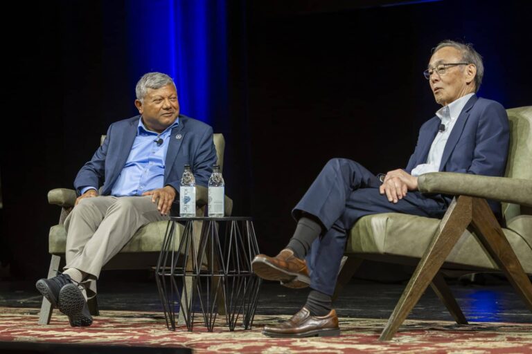 Steven Chu in conversation with host Arun Majumdar at the 2026 Pioneer Symposium