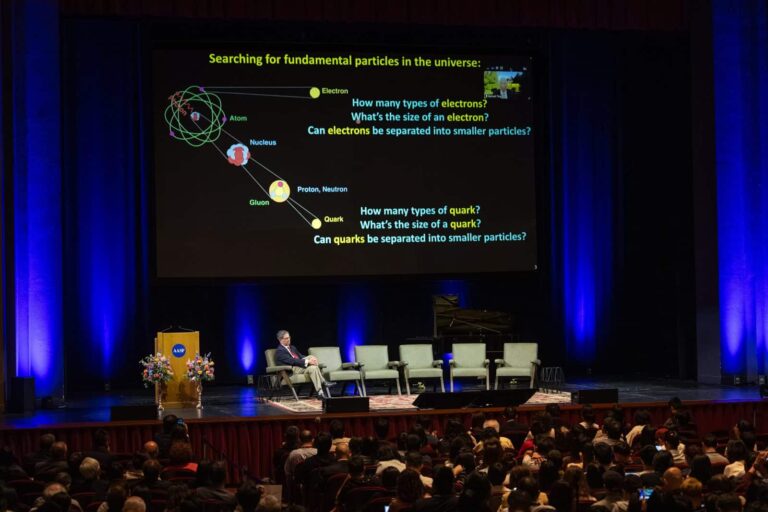 Dr. Samuel Chao Chung Ting presents his keynote by videoconference during the Pioneer Symposium at Stanford Memorial Auditorium