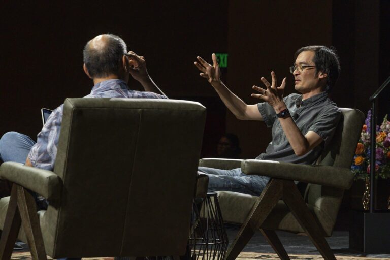 Terence Tao in conversation with moderator Ken Ono at the 2026 Pioneer Symposium