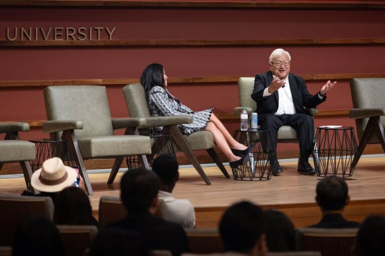 Congressman Michael M. Honda in a fireside chat with moderator Sha Wang at the AASF and Hoover Institution Policy Forum, Stanford Hauck Auditorium